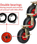 Close-up of Heavy Duty 10 Inch Pneumatic Caster Wheels With Brakes Set Of Four showing double bearings for smooth movement.