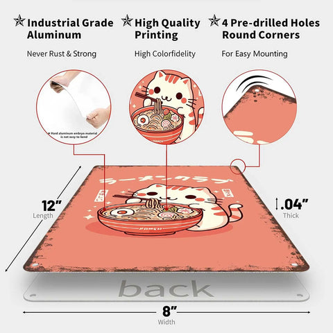 Retro Rugged Cat Eating Ramen Metal Sign 8x12inch Tin Poster with high quality printing and illustrated specs