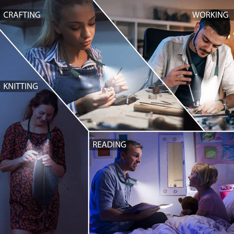 People using Neck Reading Light for reading in bed, knitting, crafting, and working, showcasing hands-free design and flexible arms.