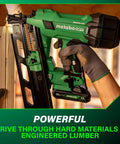 18V MultiVolt Cordless 21 Degree Framing Nailer Kit With 4.0Ah Battery in use for wood framing, close-up view.