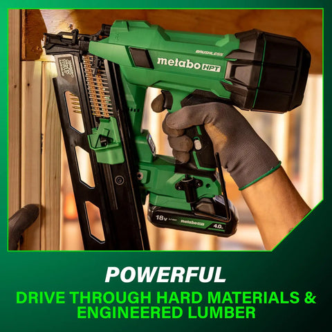 18V MultiVolt Cordless 21 Degree Framing Nailer Kit With 4.0Ah Battery in use for wood framing, close-up view.
