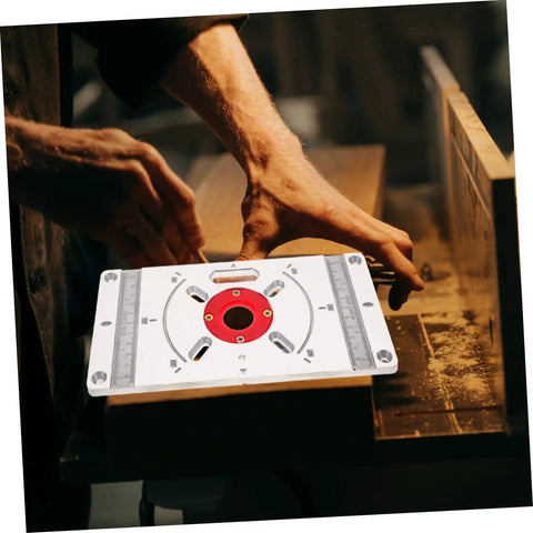 Router Base Plate For Trimming Machine And Engraving Tools, Aluminum Router Sled in use on woodworking bench with clear scale