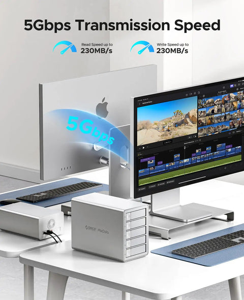 Dope 5 Bay RAID External Hard Drive Enclosure Supporting Up To 130TB Max Storage With Dedicated Hardware RAID Controller For Lightning Fast Speeds, displayed with monitors and showing 5Gbps speed.