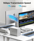 Beefy Five Bay Raid Hard Drive Enclosure For USB 3.0 SATA HDD And SSD Stacked Up To 110 TB with 5Gbps transmission speed shown.