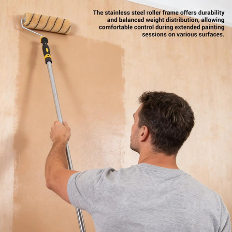 Man using 9 Inch Paint Roller Kit with Heavy Duty Stainless Steel Frame and Ultra Thick Nap for Ceilings and Walls for easy wall coating.