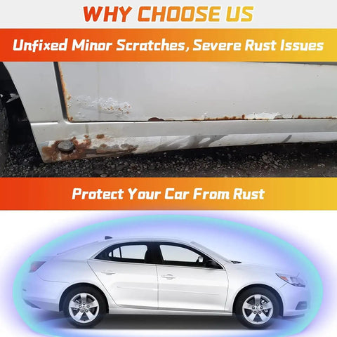 Side view of white car showing rust damage above, illustrating the need for 2-In-1 Car Touch Up Paint Pen For Quick Scratch Repair.