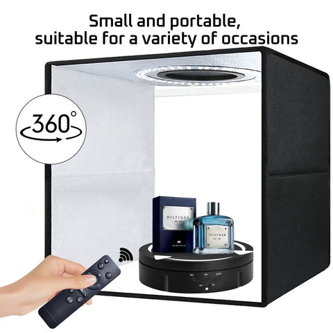 Stunning 3 in 1 Motorized Rotating Display Stand With Remote Control Max 22 Lbs Load For Jewelry Watches Products Photography Shoots Smooth 360 Electronic Turntable in portable lightbox.