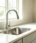 Heavy Duty Kitchen Faucet With Slick Pull Down Sprayer, Lead Free Stainless Steel Sink Tap, sleek design and high arc for kitchen use.