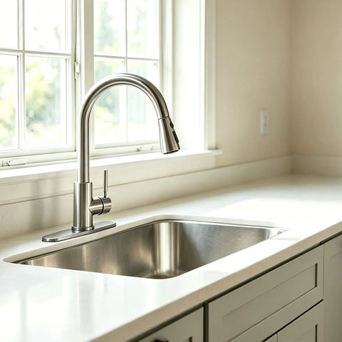 Heavy Duty Kitchen Faucet With Slick Pull Down Sprayer, Lead Free Stainless Steel Sink Tap, sleek design and high arc for kitchen use.