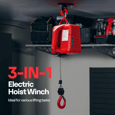 Front view of red 3-in-1 electric hoist winch hanging from ceiling with wire rope and hook