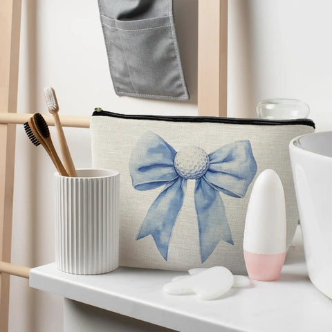 Golf Themed Makeup Bag For Women, Blue Golf Ball Bows Cosmetic Pouch And Toiletry Organizer, Grab And Go Canvas Beauty Case With Durable Zipper