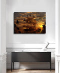 Coastal Sunset Sailboat Canvas Art Print For Your Living Room And Bedroom Wall Decor With That Seaside Viking Ship Vibe Beach Scene Poster Unframed 20x30 Inch displayed above a console