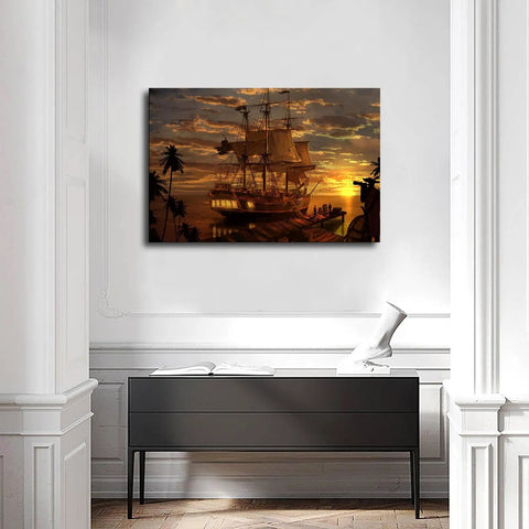 Coastal Sunset Sailboat Canvas Art Print For Your Living Room And Bedroom Wall Decor With That Seaside Viking Ship Vibe Beach Scene Poster Unframed 20x30 Inch displayed above a console
