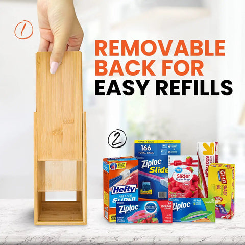 Slick Bamboo Bag Storage Organizer Ace Kitchen Drawer Dispenser Container Fits Ziplock Gallon Quart Sandwich And Snack Slider Bags No Sweat Pantry Makeover Fix with removable back for easy refills.