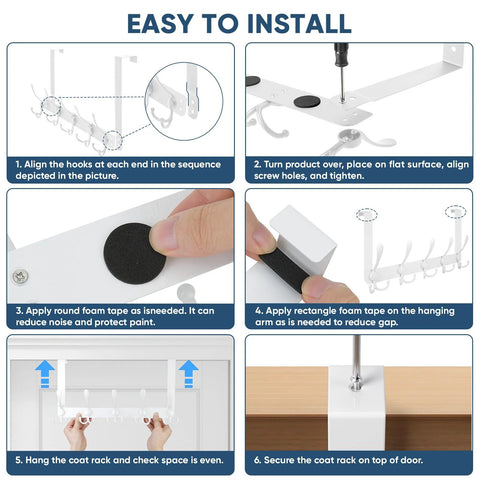 TICONN over-the-door coat rack, white metal with 5 hooks; fits 1-3/8 in doors, six-step install guide.