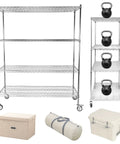 Heavy Duty Five Tier Metal Wire Shelving Rack With Smooth Rolling Caster Wheels And Zero Hassle Tool Free Setup For Ultimate Garage Storage and High Capacity Organizing Systems with weights and storage bins.