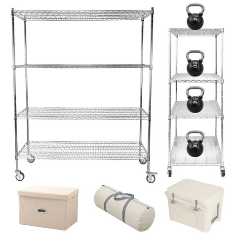 Heavy Duty Five Tier Metal Wire Shelving Rack With Smooth Rolling Caster Wheels And Zero Hassle Tool Free Setup For Ultimate Garage Storage and High Capacity Organizing Systems with weights and storage bins.