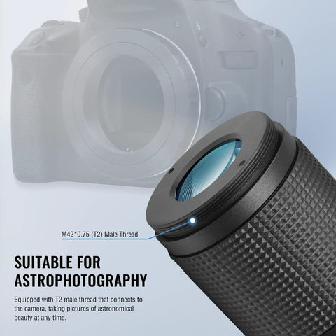 Stepless Zoom 1.25 Inch Telescope Eyepiece 8 to 24mm with T2 male thread for astrophotography, camera connection visible.