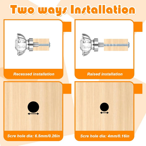 Two installation methods for Six Pack Crystal Cabinet Knobs With Flower Glass Handles 1.4 Inch Diameter Clear Crystal With Brushed Gold Bases