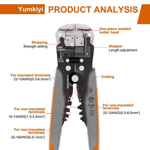 Front view showing Self Adjusting Wire Stripper Tool 3 In 1 Cutter Crimping Heavy Duty Automatic For AWG 24 10 Quick Strip features
