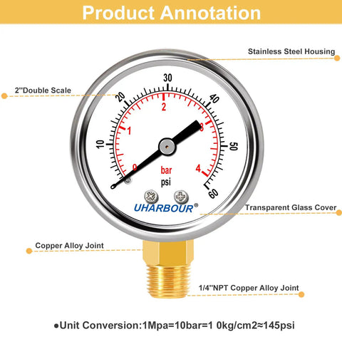 Lead Free Water Pressure Gauge 60 Psi 2 Inch Dial Stainless Steel Case Lower Mount 1/4 Inch NPT for Home Use diagram