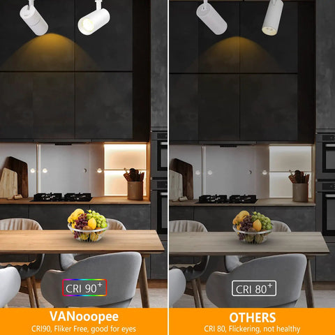 Comparison of Three Color Adjustable 10W LED Track Lighting Heads Pack of 4 showing CRI90 Plus light vs. CRI 80 light in kitchen.