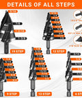 Image showing Five Piece HSS Spiral Step Drill Bit Set With Four Flutes And Nitride Coating For Heavy Duty Holes From One Eighth To One And Three Eighths Inch Including One Quarter Inch And Three Eighths Inch Shanks For Stainless Steel Copper Aluminum Wood And Plastic, detailed steps and shank types visible.