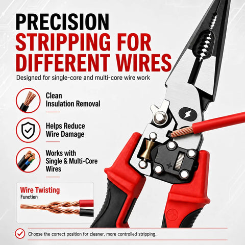4-in-1 Wire Stripping and Testing Pliers Electrician’s Multitool With Stripping Cutting Crimping and Voltage Testing Compact ergonomic pliers for clean insulation removal.