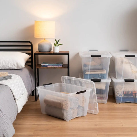 Top Shelf 54 Quart Stackable Storage Bins 12 Pack Clear Plastic Totes With Rock Solid Lids Bpa Free Made In Usa No Drama Stacking Keeps Your Garage Closet And Room Stuff Snug