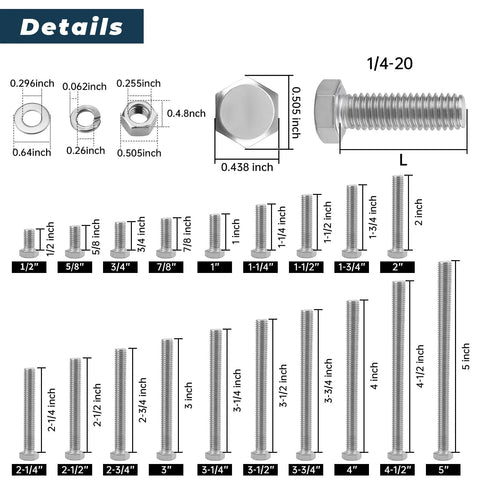 Ten sets of 1/4-20 stainless steel hex head screws with nuts and washers; full-thread, 18-8 SS, assorted lengths.