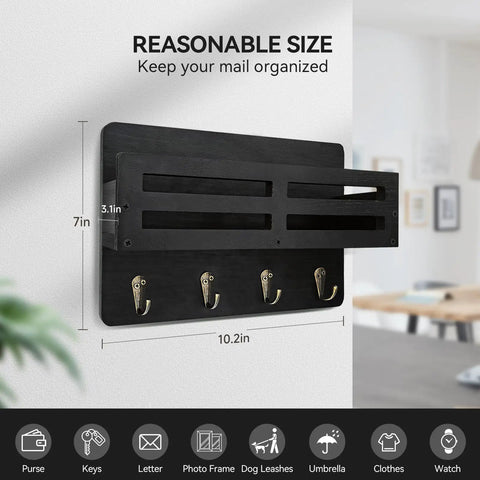 Straight Up Solid Wood Wall Key Holder 10 Inch Decorative Mail Organizer With Four Heavy Duty Hooks For Effortless Entryway Setup And No Sweat Home Organization Black