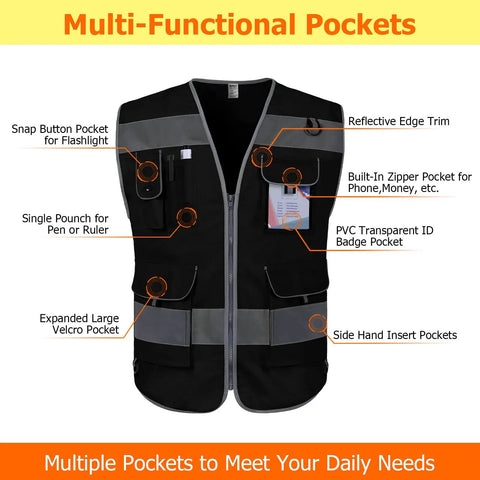 Stay Seen All Day High Visibility Safety Vest for Men and Women with 9 Pockets and Reflective Strips shown front view, Large
