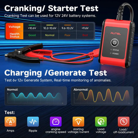 BT506 Battery Tester Analyzer For 6V And 12V Cars And Trucks, Checks 100-2000 CCA, Voltage And Health Readouts, DIY-Friendly, Plug-And-Play Auto Battery Diagnostic Tool For Quick Failure Prevention And Peace of Mind. BT506 tester with clamps and display for cranking and charging tests