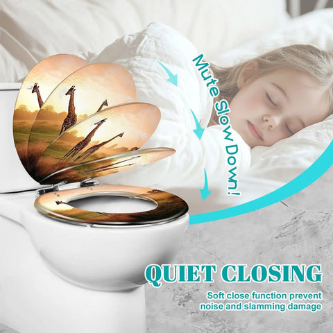 Generic Round Resin Toilet Seat for Bathroom with quiet closing feature and giraffe design, round shape, soft close functionality.