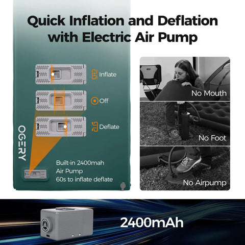 Features of Self Inflating Sleeping Pad With Electric Pump For No Fuss Quick Setup 3.15 Inch Memory Foam Camping Pad R Value 9.5