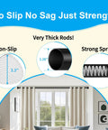 No Drill Tension Curtain Rod Extends 51 To 126 Inches Easy Install For Indoor Or Outdoor Use Rust Resistant 1.26 Inch Diameter Black Holds Heavy Curtains Shower Curtains with non-slip 3.3-inch pads, 1.26-inch thick rod, and strong springs shown.