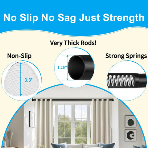 No Drill Tension Curtain Rod Extends 51 To 126 Inches Easy Install For Indoor Or Outdoor Use Rust Resistant 1.26 Inch Diameter Black Holds Heavy Curtains Shower Curtains with non-slip 3.3-inch pads, 1.26-inch thick rod, and strong springs shown.