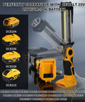 Lit 2000LM LED Work Light For Dewalt 20V Max Batteries shown with compatibility chart, highlighting 90-degree tilt feature.