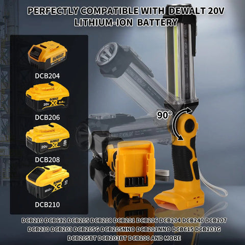 Lit 2000LM LED Work Light For Dewalt 20V Max Batteries shown with compatibility chart, highlighting 90-degree tilt feature.