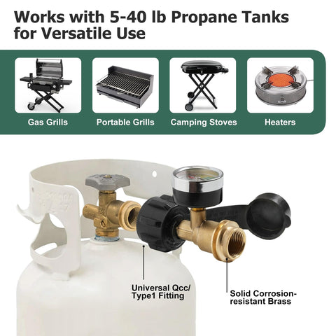 Propane Tank Gauge 2 Pack With Leak Detector Universal LP Gas Level Indicator for 5 to 40 lb Tanks QCC1 Type 1 Connection, brass