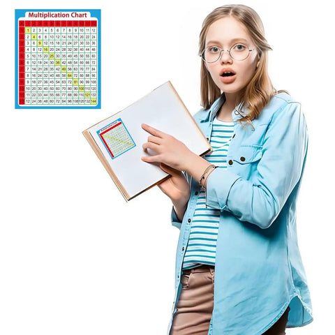 Girl holding a book with Multiplication Chart Stickers 3 By 3 And A Half Inch Kid Friendly Learning Labels For Kids displayed.