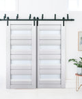 Interior Bypass Barn Sliding Doors With Frosted Glass And Solid Wood Panels, 72 By 96 Inches, White Modern Studio Style