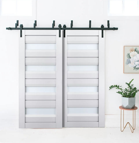 Interior Bypass Barn Sliding Doors With Frosted Glass And Solid Wood Panels, 72 By 96 Inches, White Modern Studio Style
