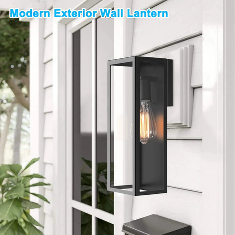 Top Shelf Matte Black Outdoor Wall Lights, Rock Solid Weather Resistant Exterior Sconces With Sturdy Clear Glass Panels, Rust Proof Patio Porch Lanterns Built Like A Tank For Your Yard mounted on a wall, showcasing clear glass and a vintage bulb.