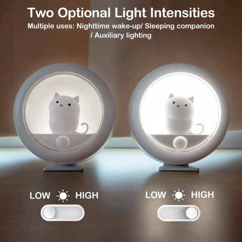 Two Pack Cute Cat Motion Sensor Night Light Cordless Rechargeable LED Stick Anywhere with dual brightness levels displayed