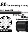 String Light Hanging Kit With 200 Feet Nylon Coated Stainless Steel Wire Rope displaying wire structure, strength, and spool.