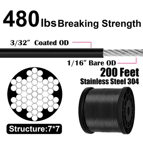 String Light Hanging Kit With 200 Feet Nylon Coated Stainless Steel Wire Rope displaying wire structure, strength, and spool.