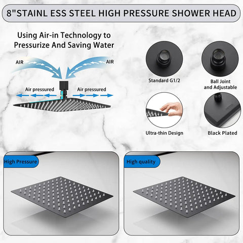 Black Shower Faucet Kit With Rough In Valve And 8 Inch Square Stainless Steel Rainfall Shower Head For A Simple Upgrade details