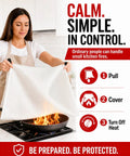 Woman demonstrating Two Pack Hella Tough Emergency Fire Blanket over a pan fire, 40 Inch premium fiberglass safety gear.