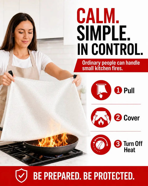 Woman demonstrating Two Pack Hella Tough Emergency Fire Blanket over a pan fire, 40 Inch premium fiberglass safety gear.